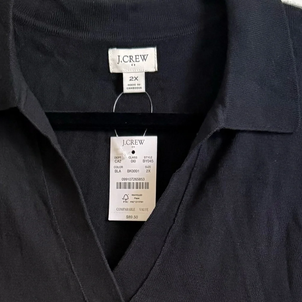 J. Crew Factory Black Popover Soft Polo Knit Spread Collar Preppy Long Slv NWT - Picture 3 of 6
